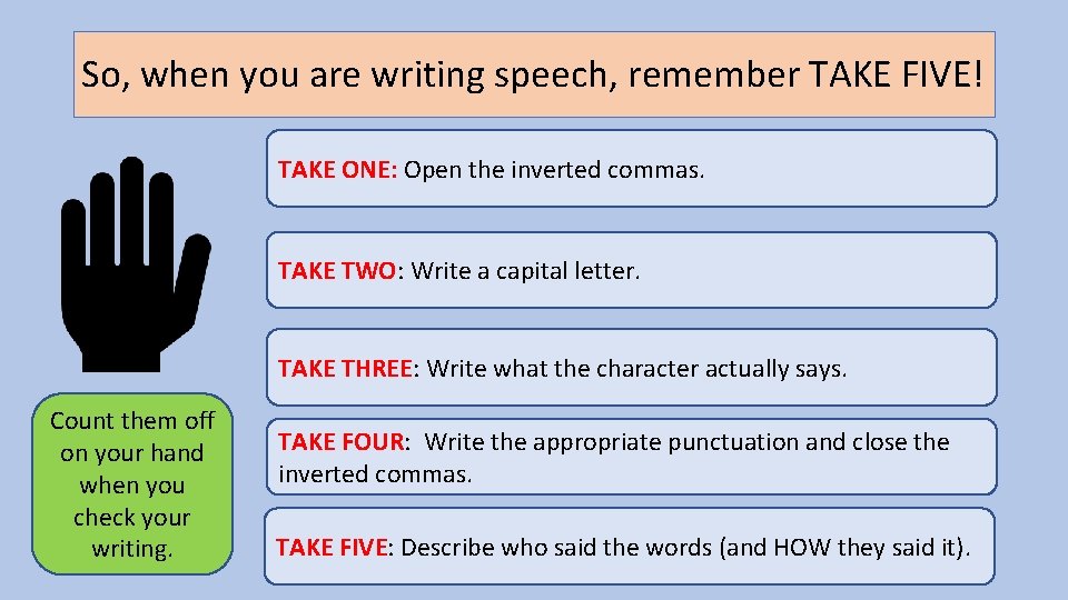 So, when you are writing speech, remember TAKE FIVE! TAKE ONE: Open the inverted