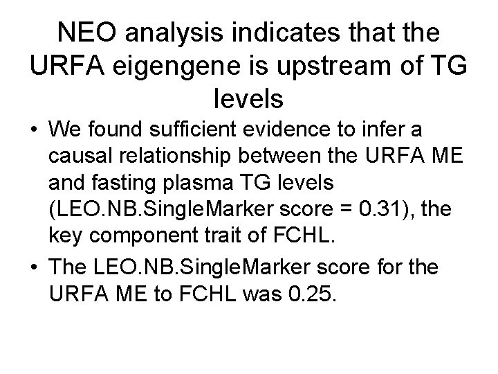 NEO analysis indicates that the URFA eigengene is upstream of TG levels • We
