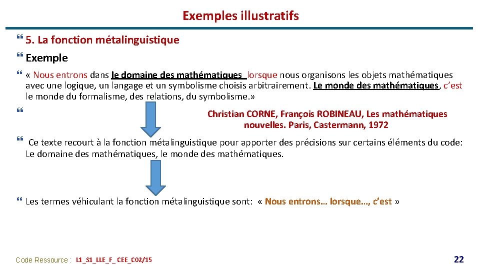 Exemples illustratifs } 5. La fonction métalinguistique } Exemple } « Nous entrons dans