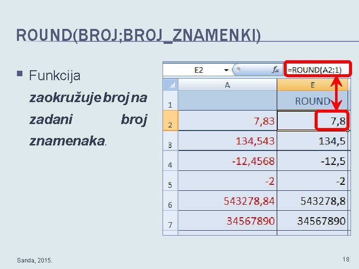 ROUND(BROJ; BROJ_ZNAMENKI) § Funkcija zaokružuje broj na zadani broj znamenaka. Sanda, 2015. 18 