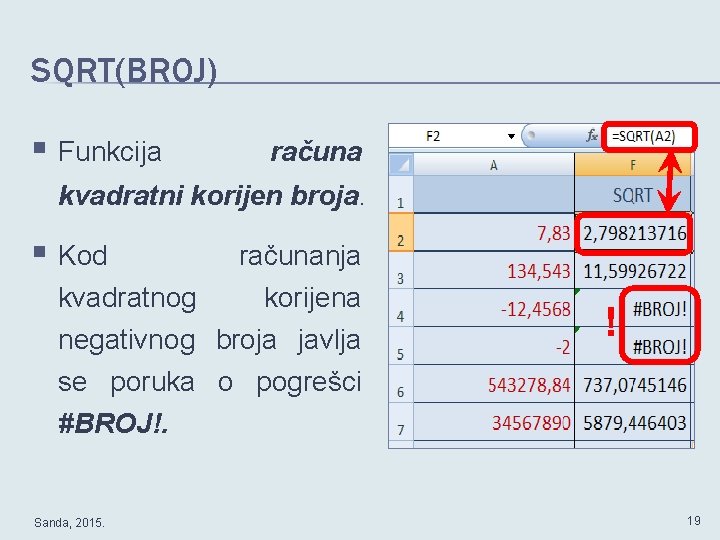 SQRT(BROJ) § Funkcija računa kvadratni korijen broja. § Kod računanja kvadratnog korijena negativnog broja