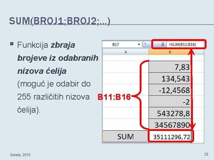 SUM(BROJ 1; BROJ 2; . . . ) § Funkcija zbraja brojeve iz odabranih