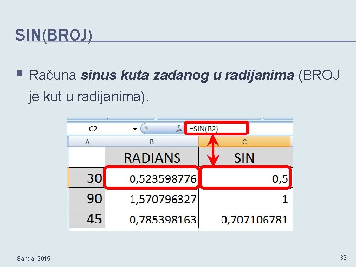 SIN(BROJ) § Računa sinus kuta zadanog u radijanima (BROJ je kut u radijanima). Sanda,