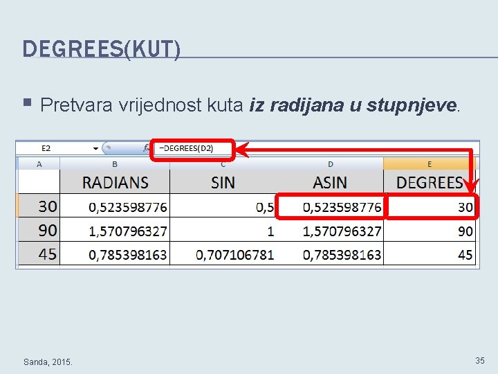 DEGREES(KUT) § Pretvara vrijednost kuta iz radijana u stupnjeve. Sanda, 2015. 35 