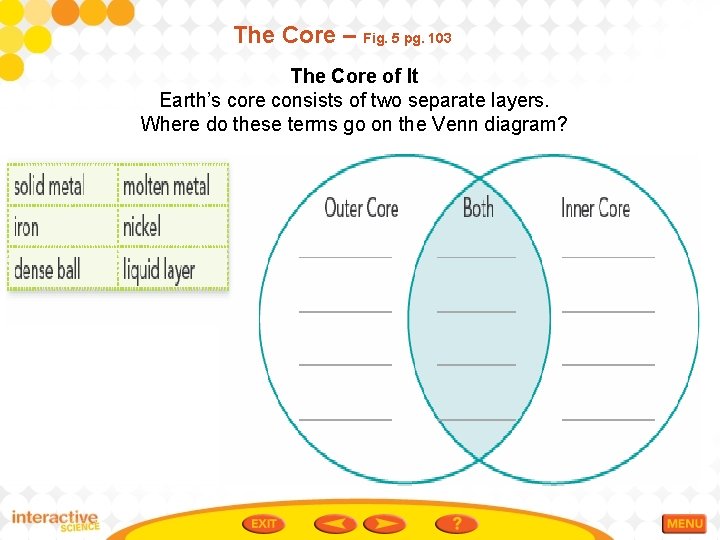 The Core – Fig. 5 pg. 103 The Core of It Earth’s core consists