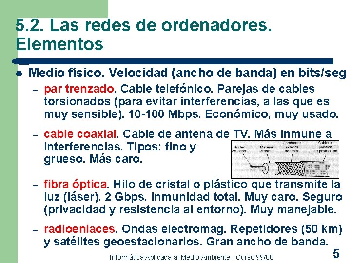 5. 2. Las redes de ordenadores. Elementos l Medio físico. Velocidad (ancho de banda)