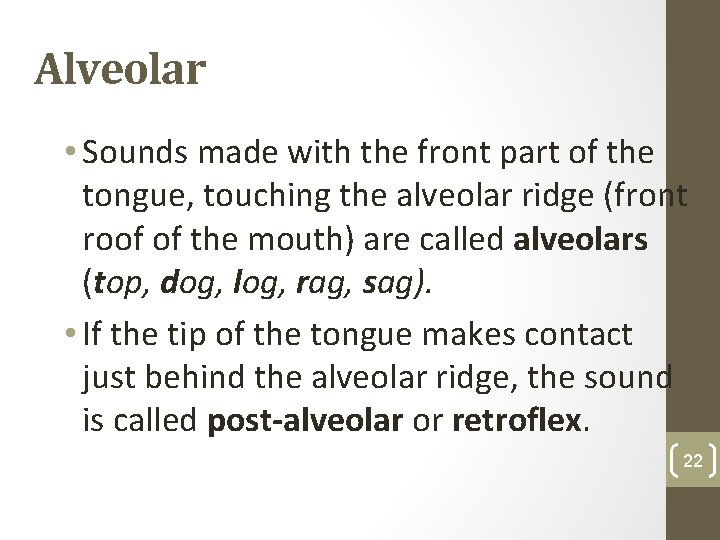 Alveolar • Sounds made with the front part of the tongue, touching the alveolar
