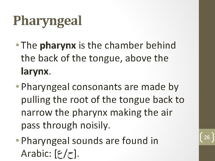 Pharyngeal • The pharynx is the chamber behind the back of the tongue, above