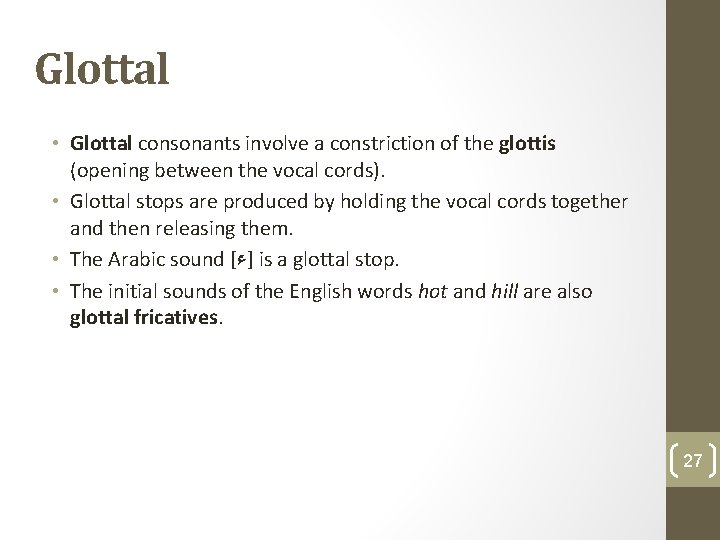 Glottal • Glottal consonants involve a constriction of the glottis (opening between the vocal