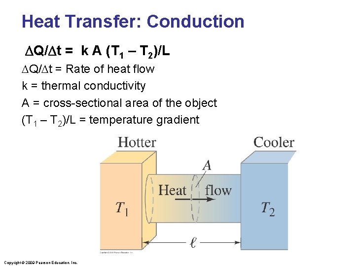 Heat Transfer: Conduction Q/ t = k A (T 1 – T 2)/L Q/