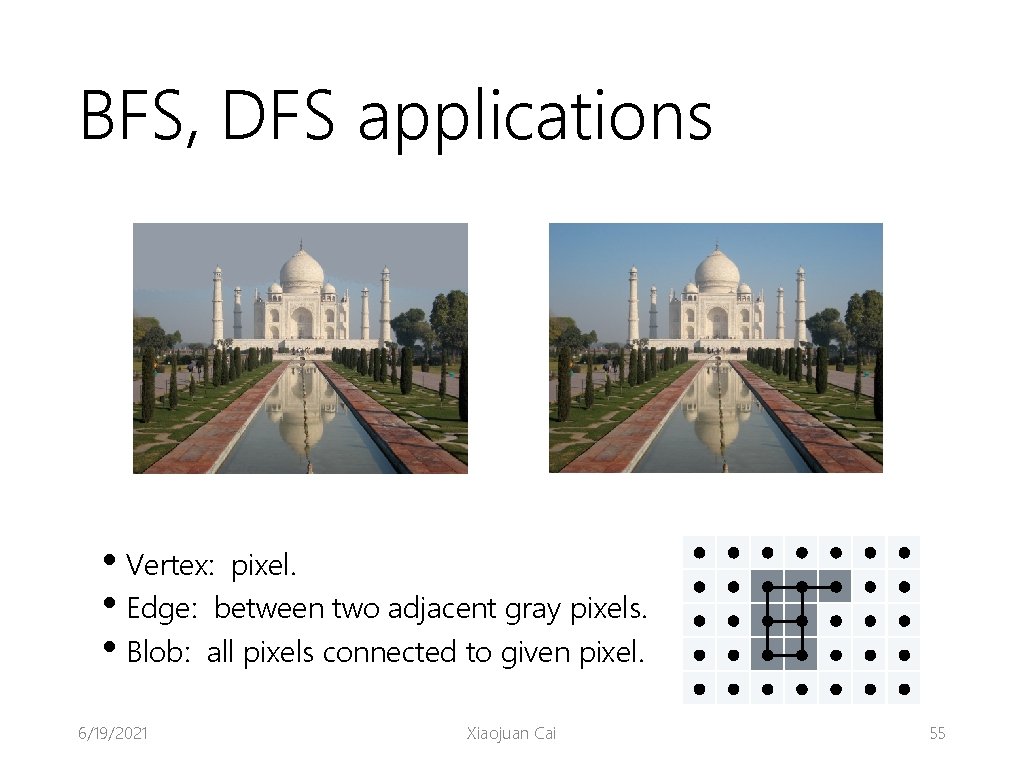 BFS, DFS applications • Vertex: pixel. • Edge: between two adjacent gray pixels. •