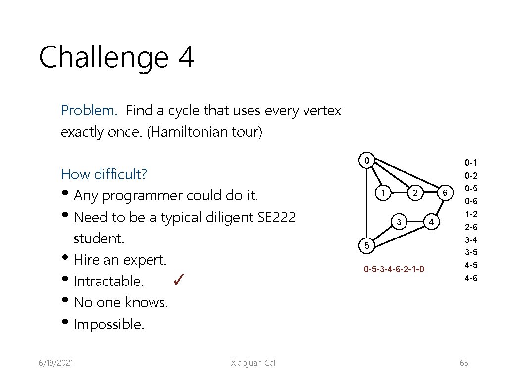 Challenge 4 Problem. Find a cycle that uses every vertex exactly once. (Hamiltonian tour)