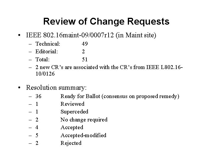 Review of Change Requests • IEEE 802. 16 maint-09/0007 r 12 (in Maint site) Review of Change Requests • IEEE 802. 16 maint-09/0007 r 12 (in Maint site)