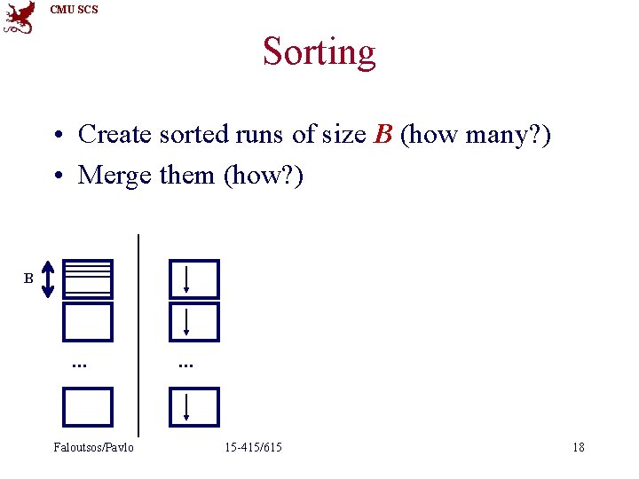 CMU SCS Sorting • Create sorted runs of size B (how many? ) •
