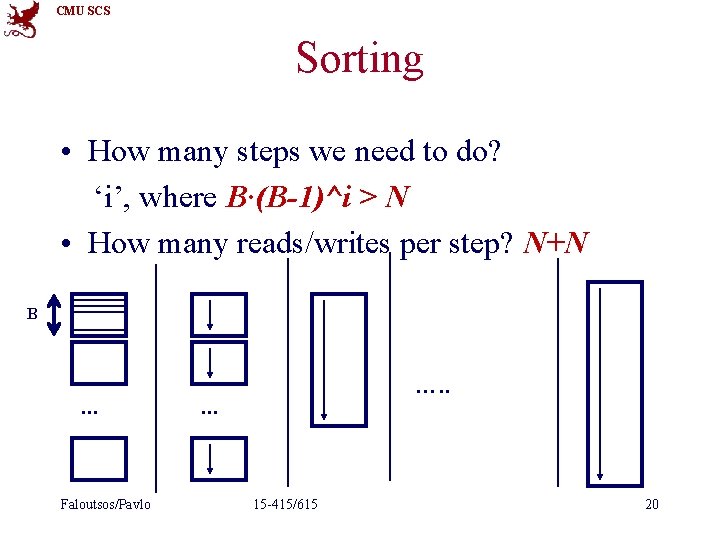 CMU SCS Sorting • How many steps we need to do? ‘i’, where B∙(B-1)^i