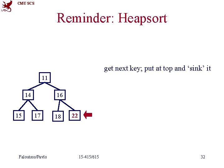 CMU SCS Reminder: Heapsort get next key; put at top and ‘sink’ it 11