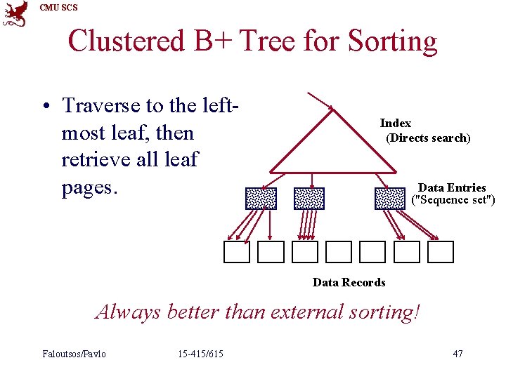 CMU SCS Clustered B+ Tree for Sorting • Traverse to the leftmost leaf, then