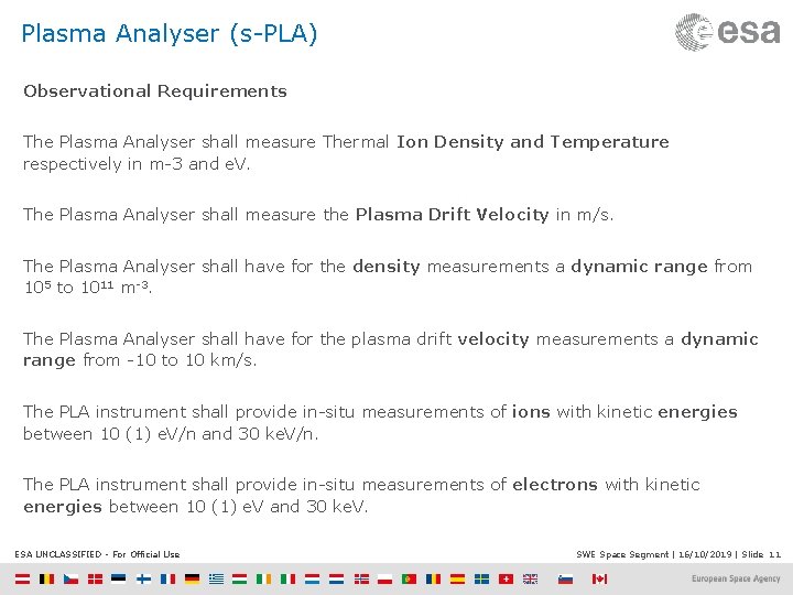 Plasma Analyser (s-PLA) Observational Requirements The Plasma Analyser shall measure Thermal Ion Density and