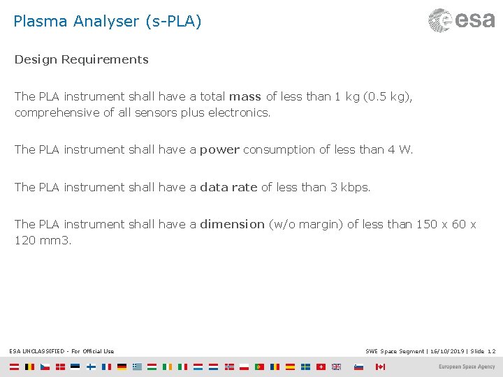 Plasma Analyser (s-PLA) Design Requirements The PLA instrument shall have a total mass of