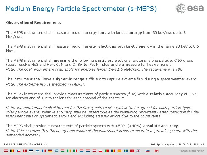 Medium Energy Particle Spectrometer (s-MEPS) Observational Requirements The MEPS instrument shall measure medium energy