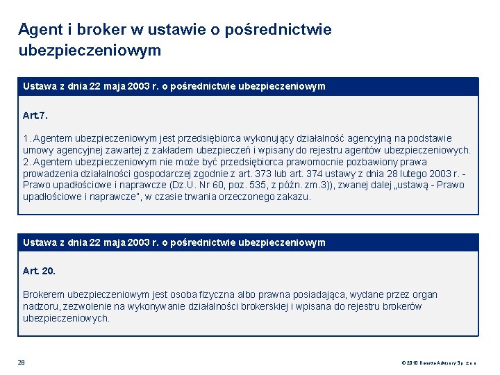 Agent i broker w ustawie o pośrednictwie ubezpieczeniowym Ustawa z dnia 22 maja 2003