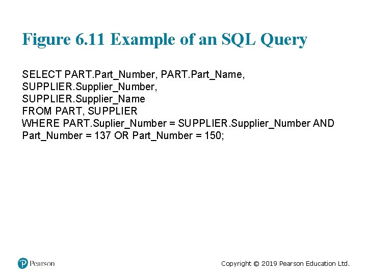 Figure 6. 11 Example of an SQL Query SELECT PART. Part_Number, PART. Part_Name, SUPPLIER.