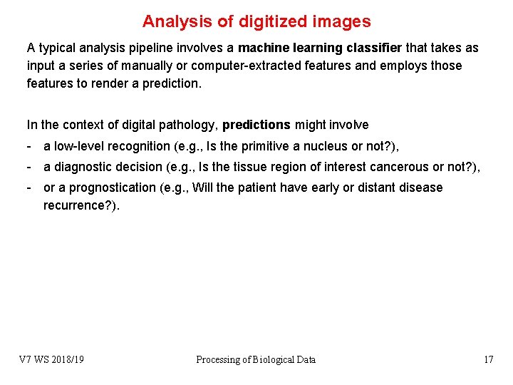 Analysis of digitized images A typical analysis pipeline involves a machine learning classifier that