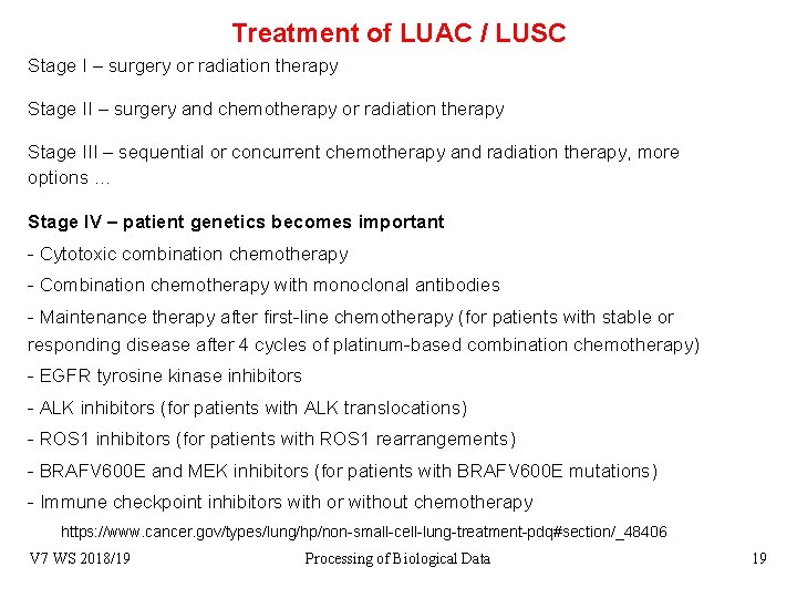 Treatment of LUAC / LUSC Stage I – surgery or radiation therapy Stage II