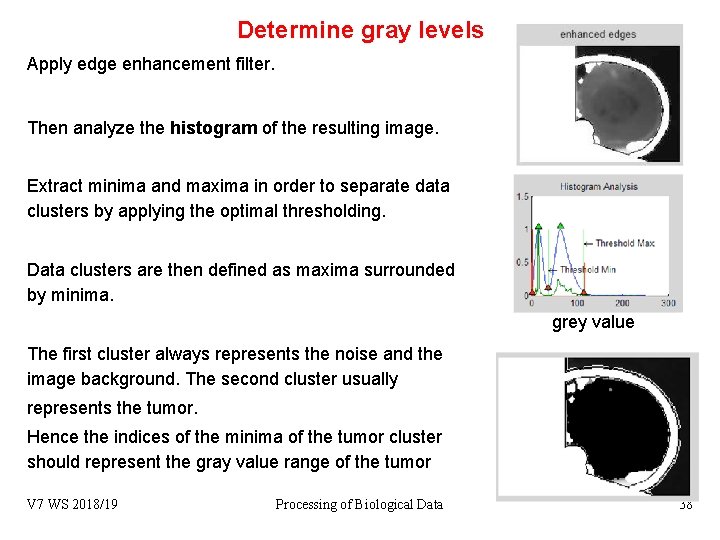 Determine gray levels Apply edge enhancement filter. Then analyze the histogram of the resulting