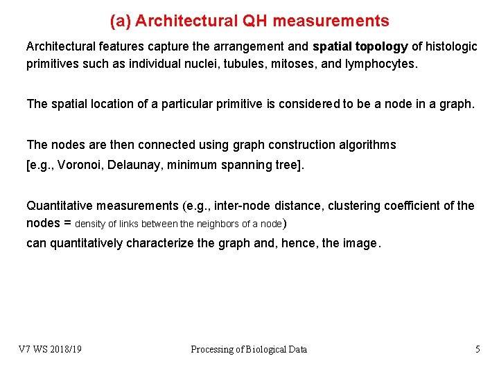 (a) Architectural QH measurements Architectural features capture the arrangement and spatial topology of histologic