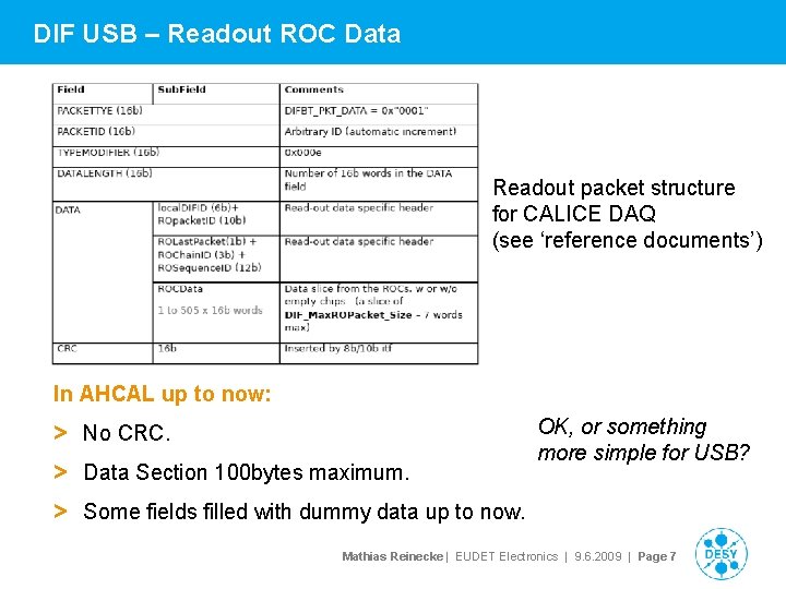 DIF USB – Readout ROC Data Readout packet structure for CALICE DAQ (see ‘reference