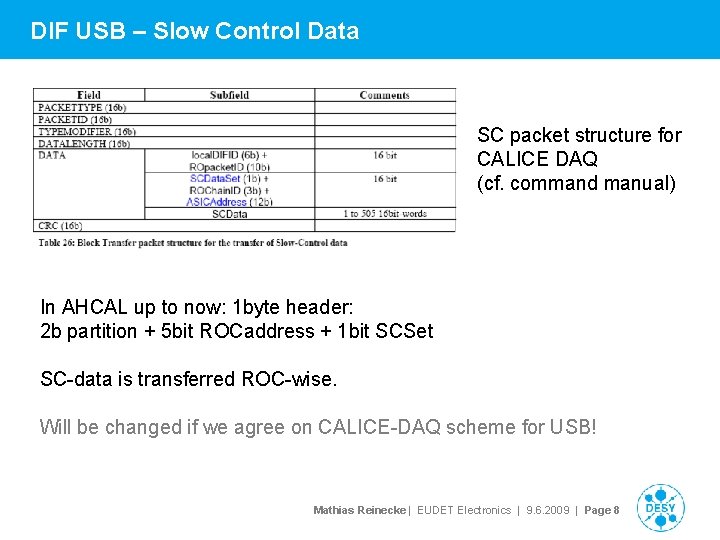 DIF USB – Slow Control Data SC packet structure for CALICE DAQ (cf. command