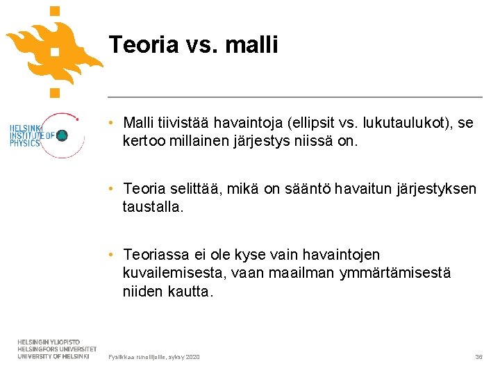 Teoria vs. malli • Malli tiivistää havaintoja (ellipsit vs. lukutaulukot), se kertoo millainen järjestys