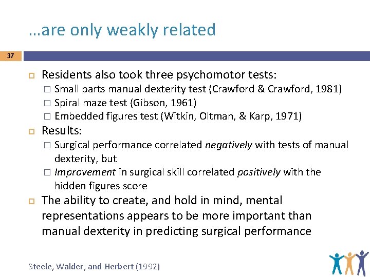 …are only weakly related 37 Residents also took three psychomotor tests: Small parts manual