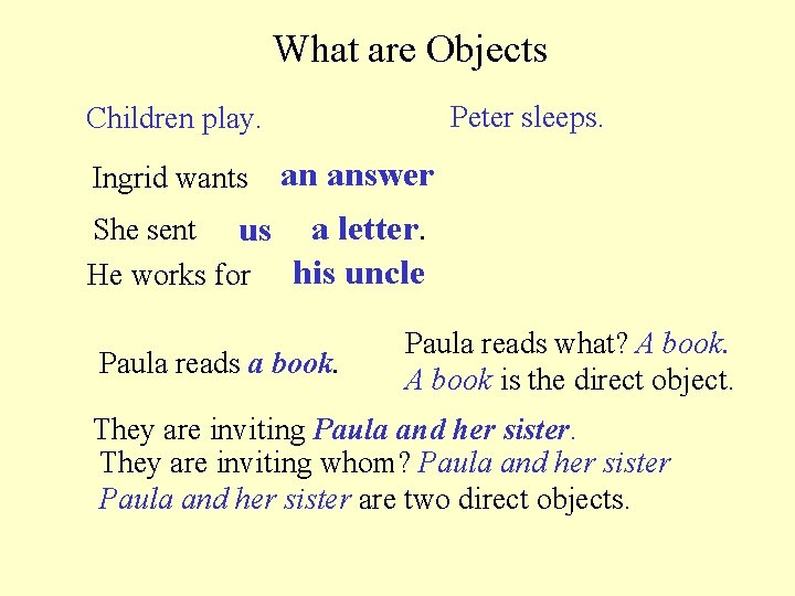 What are Objects Peter sleeps. Children play. Ingrid wants an answer She sent us