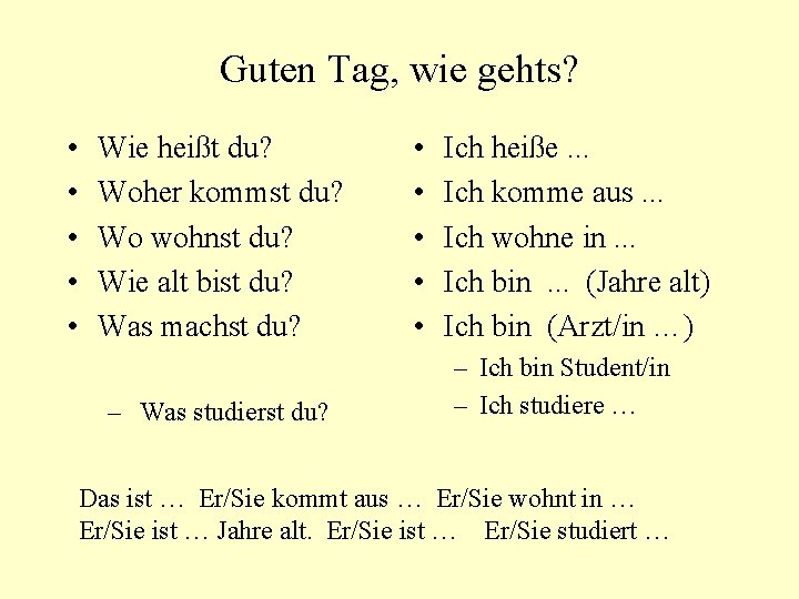 Guten Tag, wie gehts? • • • Wie heißt du? Woher kommst du? Wo