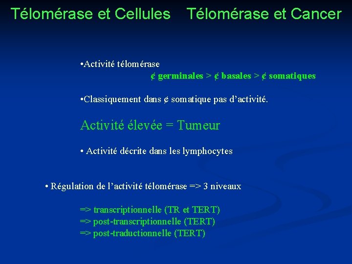 Télomérase et Cellules Télomérase et Cancer • Activité télomérase ¢ germinales > ¢ basales