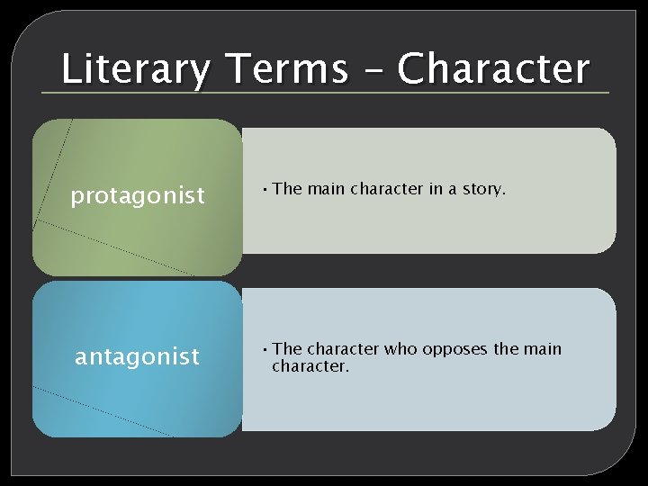 Literary Terms – Character protagonist antagonist • The main character in a story. •