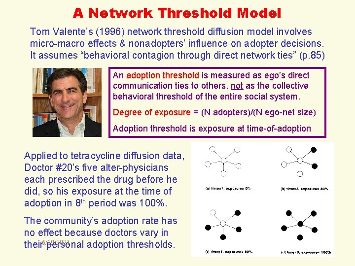 A Network Threshold Model Tom Valente’s (1996) network threshold diffusion model involves micro-macro effects