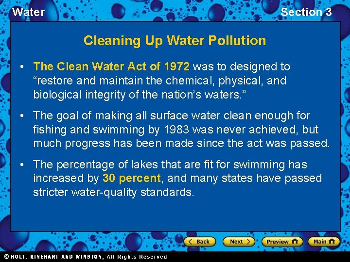 Water Section 3 Cleaning Up Water Pollution • The Clean Water Act of 1972