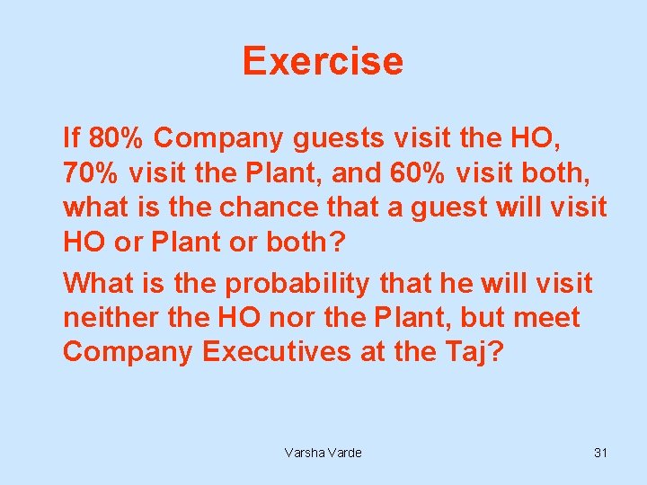 Exercise If 80% Company guests visit the HO, 70% visit the Plant, and 60%