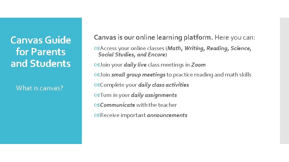 Canvas Guide for Parents and Students Canvas is our online learning platform. Here you