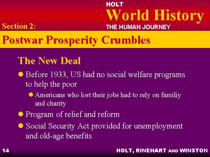 HOLT Section 2: World History THE HUMAN JOURNEY Postwar Prosperity Crumbles The New Deal