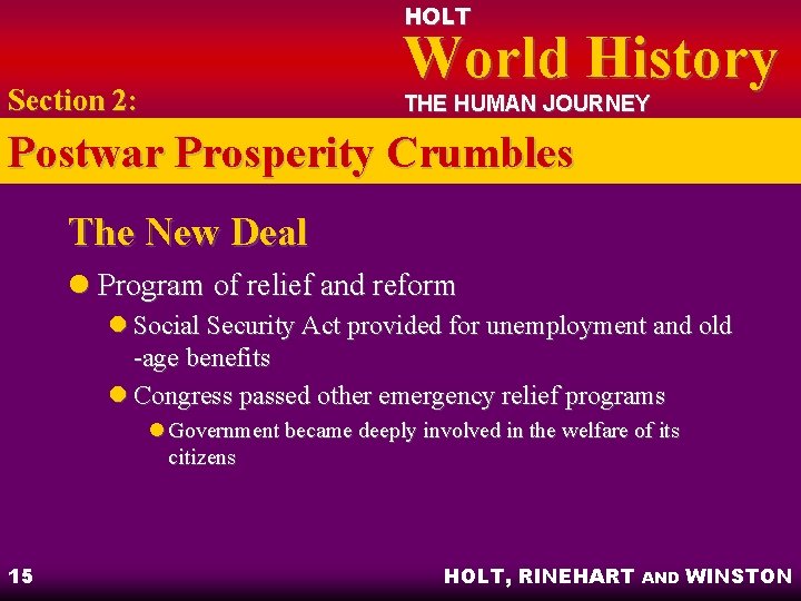 HOLT World History Section 2: THE HUMAN JOURNEY Postwar Prosperity Crumbles The New Deal