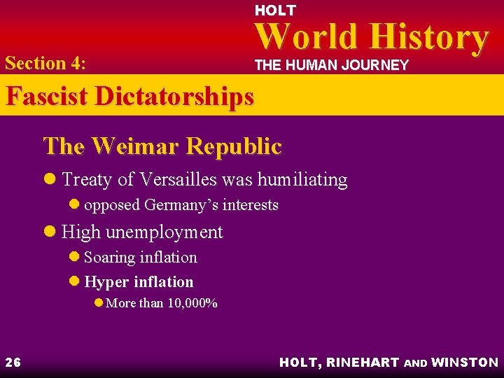 HOLT World History Section 4: THE HUMAN JOURNEY Fascist Dictatorships The Weimar Republic l