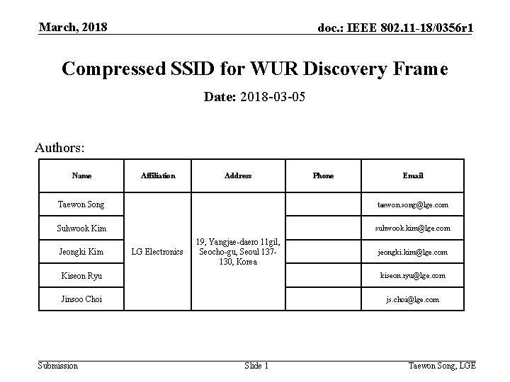 March, 2018 doc. : IEEE 802. 11 -18/0356 r 1 Compressed SSID for WUR