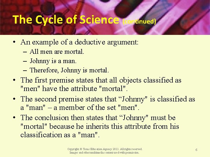 The Cycle of Science (continued) • An example of a deductive argument: – All