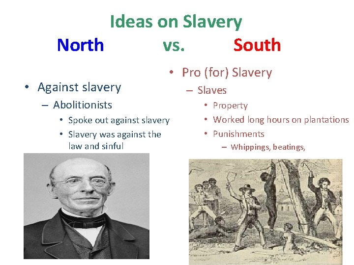 Ideas on Slavery North vs. South • Against slavery • Pro (for) Slavery –