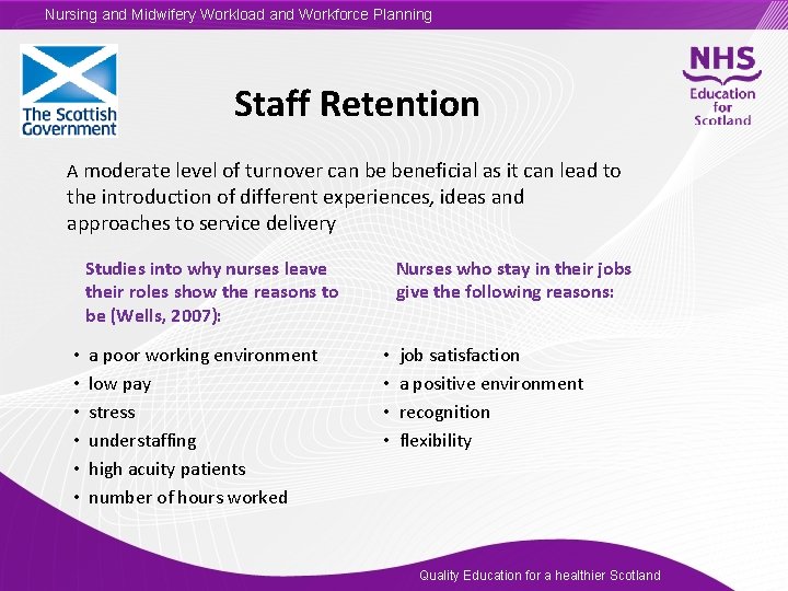 Nursing and Midwifery Workload and Workforce Planning Staff Retention A moderate level of turnover