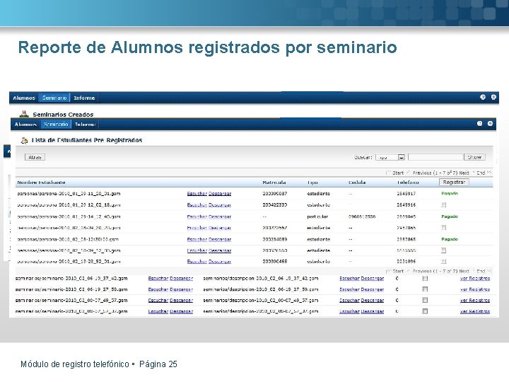 Reporte de Alumnos registrados por seminario Módulo de registro telefónico Página 25 